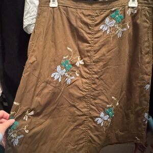 Ann Taylor Brown A-Line Skirt with Floral Embroidery